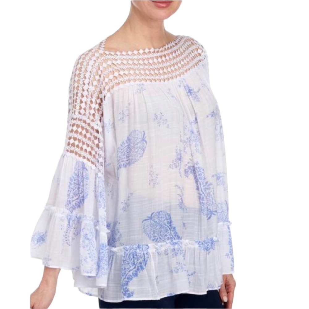 Zac & Rachel Blue & White Paisley Crochet Yoke Top XL